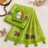 Vibrant Green Linen Cotton Checks Saree with Elephant Design & White Floral Blouse