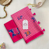 Elegant Pink Linen Cotton Checks Saree with Elephant Print & White Floral Blouse
