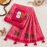 Elegant Pink Linen Cotton Checks Saree with Elephant Print & White Floral Blouse
