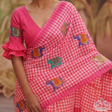 Elegant Pink Linen Cotton Checks Saree with Elephant Print & White Floral Blouse