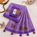 Graceful Purple Linen Cotton Checks Saree with Elephant Motifs & White Floral Blouse