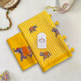 Bright Yellow Linen Cotton Checks Saree with Elephant Print & White Floral Blouse