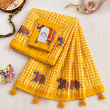Bright Yellow Linen Cotton Checks Saree with Elephant Print & White Floral Blouse