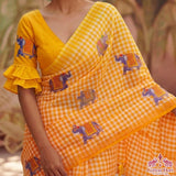 Bright Yellow Linen Cotton Checks Saree with Elephant Print & White Floral Blouse