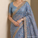 Misty Denim Blue Kota Doriya Silk with Embroidery & Sequin Work Blouse Saree