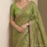 Pistachio Green Kota Doriya Silk with Embroidery & Sequin Work Blouse Saree