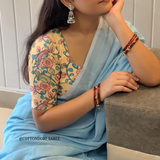 Elegant Handloom Cotton Saree – Light Sky Blue Cotton Saree with Printed Designer Blouse