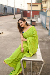 Lemon green handloom cotton saree with printed blouse - Cotton Dori