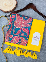 Premium Handloom Cotton Saree - Yellow Cotton Saree With Designer Printed Blouse