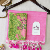 Classic Handloom Cotton Saree - Pink Cotton Saree With Designer Printed Blouse