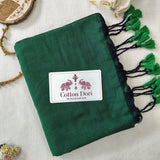 Handloom Cotton Saree – Deep Green Cotton Saree with Kalamkari Printed Blouse