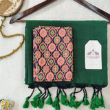 Handloom Cotton Saree – Deep Green Cotton Saree with Kalamkari Printed Blouse