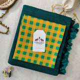 Premium Handloom Cotton - Rama Green Saree with Chex Printed Blouse