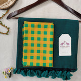 Premium Handloom Cotton - Rama Green Saree with Chex Printed Blouse