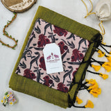 Classic Handloom Cotton Saree – Royal Green Cotton Saree with Wine Floral Printed Blouse