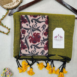 Classic Handloom Cotton Saree – Royal Green Cotton Saree with Wine Floral Printed Blouse