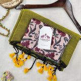 Classic Handloom Cotton Saree – Royal Green Cotton Saree with Wine Floral Printed Blouse