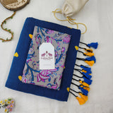 Royal Blue Heart Work Handloom Cotton Saree with Flower Designer Printed Blouse
