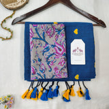 Royal Blue Heart Work Handloom Cotton Saree with Flower Designer Printed Blouse