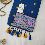 Royal Blue Heart Work Handloom Cotton Saree with Flower Designer Printed Blouse