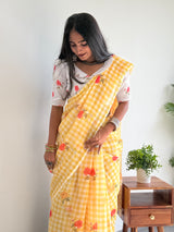 Bright Yellow Linen Cotton Checks Saree with Floral Motifs & White Floral Blouse