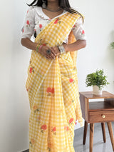 Bright Yellow Linen Cotton Checks Saree with Floral Motifs & White Floral Blouse