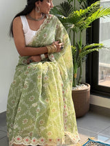 Pistachio Green Kota Doriya Silk with Embroidery & Sequin Work Blouse Saree