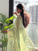 Pistachio Green Kota Doriya Silk with Embroidery & Sequin Work Blouse Saree