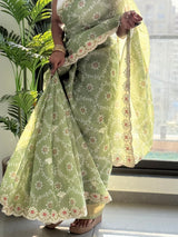 Pistachio Green Kota Doriya Silk with Embroidery & Sequin Work Blouse Saree
