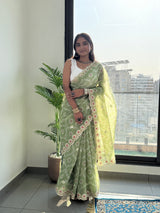 Pistachio Green Kota Doriya Silk with Embroidery & Sequin Work Blouse Saree