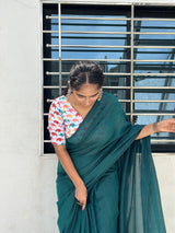 Rama Green Cotton Handloom Saree With Beautiful Printed Blouse