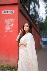 Sky White handloom cotton saree with printed blouse - Cotton Dori