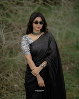 Pure Cotton Black Handloom Saree With Beautiful Printed Blouse
