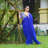 Stunning Royal Blue Cotton Handloom Saree With Flower Printed Blouse
