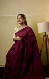 Traditional Bottle Wine handloom cotton saree with printed blouse - Cotton Dori