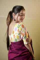 Traditional Bottle Wine handloom cotton saree with printed blouse - Cotton Dori