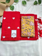 sunset red cotton handloom saree with beautiful printed blouse - Cotton Dori