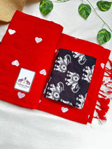 Rose red cotton handloom saree with black elephant printed blouse - Cotton Dori