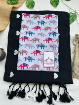 Oil black cotton handloom saree with elephant printed blouse - Cotton Dori