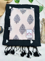 Royal black cotton handloom saree with light grey printed blouse - Cotton Dori