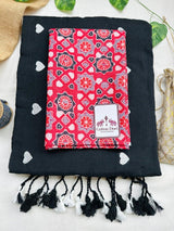 Rich black embroidered cotton handloom saree with red printed blouse - Cotton Dori