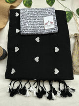 void black cotton handloom saree with white printed blouse - Cotton Dori