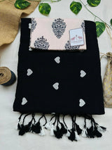 Royal black cotton handloom saree with light grey printed blouse - Cotton Dori