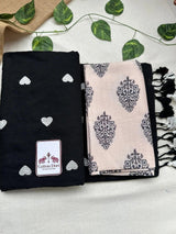 Royal black cotton handloom saree with light grey printed blouse - Cotton Dori
