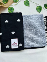 void black cotton handloom saree with white printed blouse - Cotton Dori
