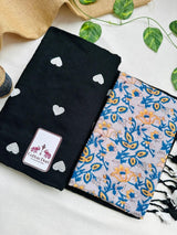 True black cotton handloom saree with grey flower printed blouse - Cotton Dori