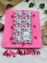 Baby pink cotton embroidered handloom saree with white flower printed blouse - Cotton Dori