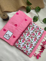 Baby pink cotton embroidered handloom saree with white flower printed blouse - Cotton Dori