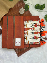 Burnt orange cotton handloom saree with kalamkari printed blouse - Cotton Dori