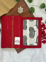 Rose red cotton handloom saree with beautiful printed blouse - Cotton Dori